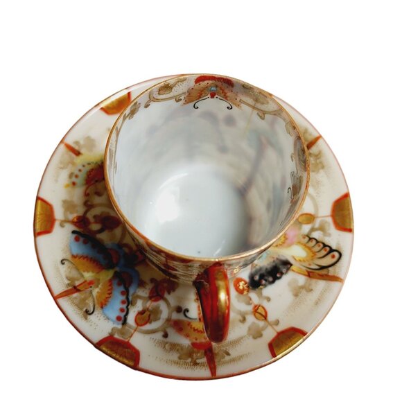 Vintage 1930s Butterfly Teacup & Saucer Set Japanese Eggshell Porcelain Miniatur - Picture 6 of 14